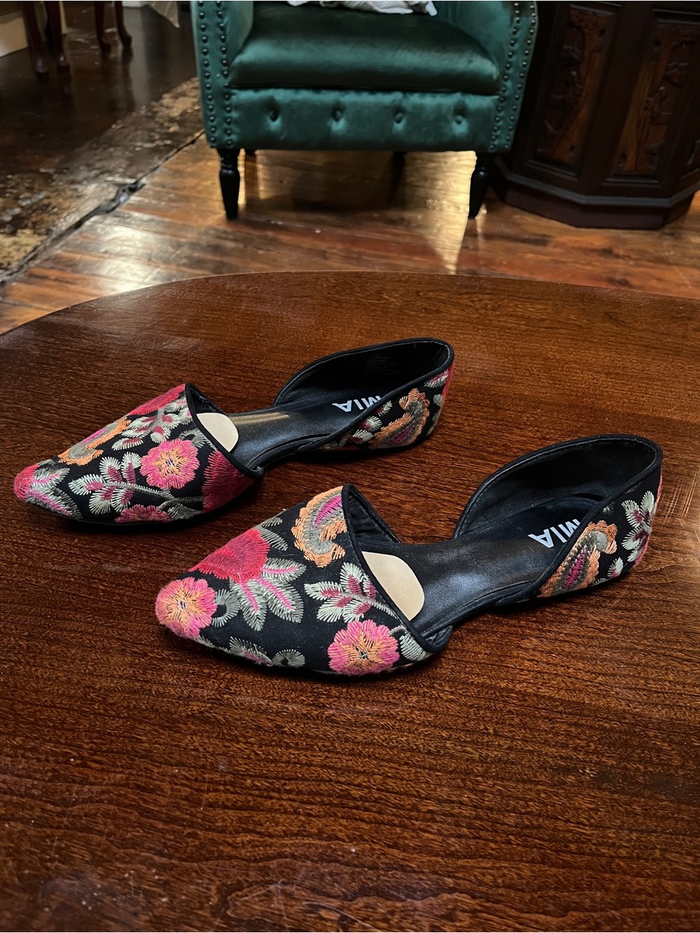 MIA Black Floral Embroidered Pointed D'Orsay Flats with Pink and Coral Flowers